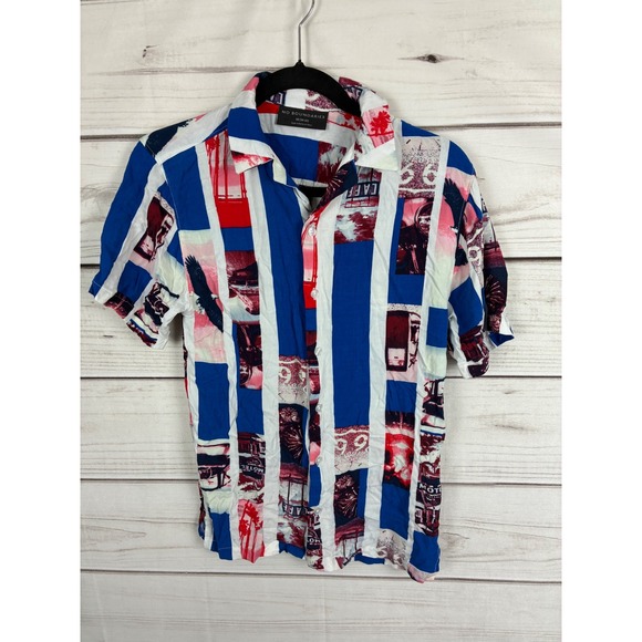 No Boundaries Other - No Boundaries Mens‎ Americana Eagle Motel Collage Stripe Button Up Shirt Blue XS